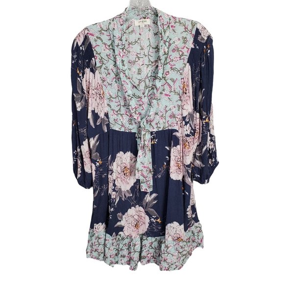 Umgee Size L Dress Blue CottageCore Floral Crinkle V-neck Ribbon Tie Puff Sleeve - Picture 7 of 9